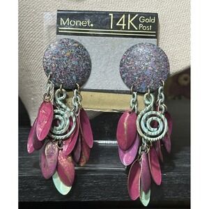 Monet Post Colorful Purple Enamel Dangle Earrings with Textured Disc and Spiral